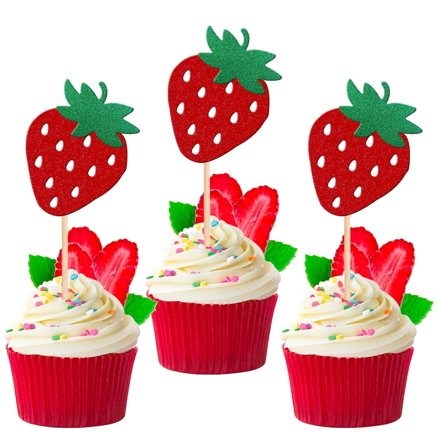 Skiennix 24 PCS Strawberry Cupcake Toppers - Red Glitter Fruit Theme Picks for Summer Parties