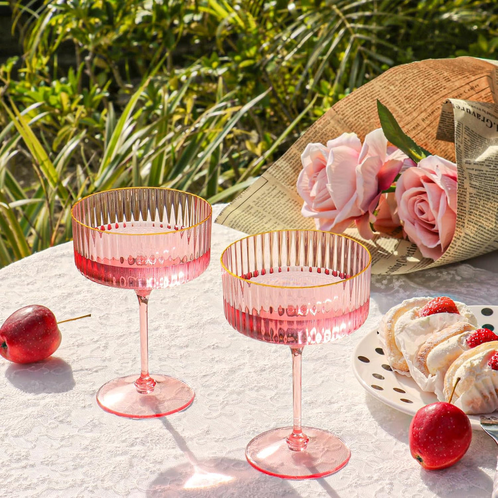 Skiennix 12 PCS Pink Ribbed Coupe Glasses - 10oz Vintage Cocktail Glassware with Gold Rim for Parties