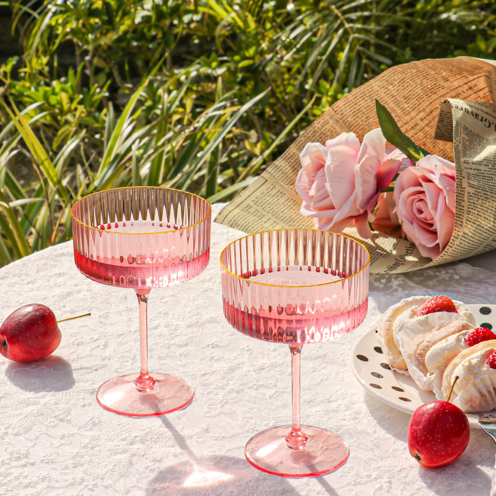 HKSZEH 12 PCS Ribbed Coupe Glasses Pink Plastic Champagne Coupe Cup 10oz Detachable Gold Rim Espresso Martini Glass Vintage Margarita Glassware Cocktail Glass for Wedding Bachelorette Party