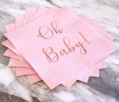 Baby Shower Napkins - 50 Pack Disposable Paper Luncheon Cocktail Napkins with Foil "Oh Baby!" Folded 6.5"x6.5" for Girl Baby Shower Party (Pink with Rose Gold)