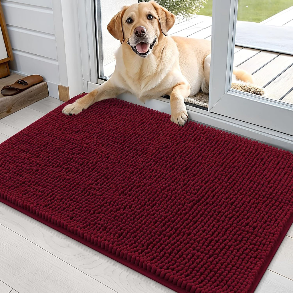 OLANLY Dog Door Mat - Absorbent Non-Slip Chenille for Muddy Paws | 35x24, Quick Dry, Burgundy
