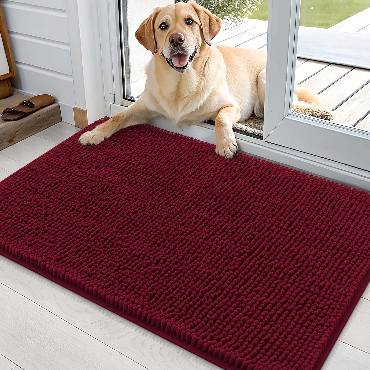 OLANLY Dog Door Mat - Absorbent Non-Slip Chenille for Muddy Paws | 35x24, Quick Dry, Burgundy
