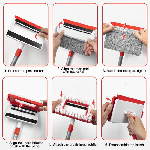 JEHONN Baseboard Cleaner Tool with Handle, 56 inches Base Boards Cleaning Mop Scrubber, 1 Stiff Bristles Brush, 2 Chenille and 2 Microfiber Pads, Wall Duster for Floorboard Ceiling Window Tile