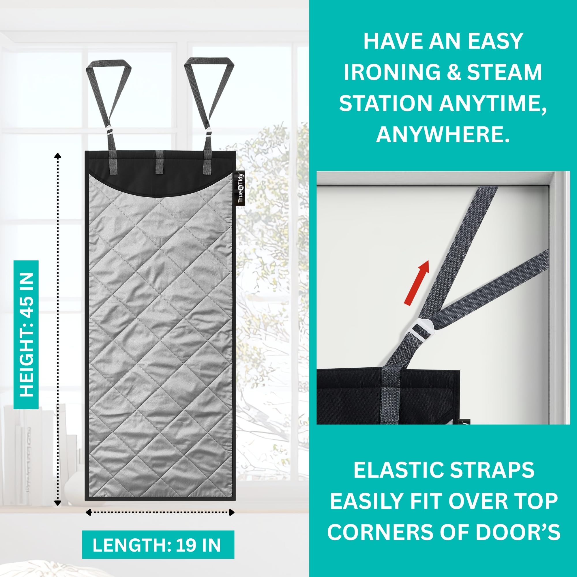 True & Tidy XL Over the Door Protective Clothes Steamer Pad, Ironing and Press Pad, Helps Protect Surfaces While Garment Steaming, with 3 Hanger Hooks