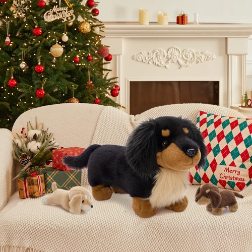 MorisMos Dachshund Stuffed Animal Plush Toys, 20'' Realistic Long Haired Dachshund Toys Gift for Kid Toddler Women, Mama Puppy Surprise with Baby Dog Stuffed Animals,Cuddle Black Weiner Dog Pillow
