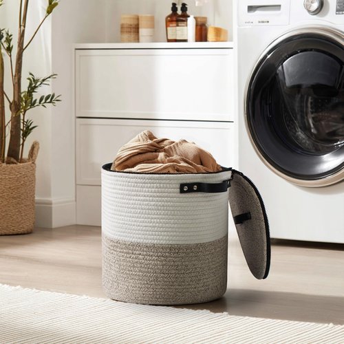 WILLITAT Storage Basket with Lid, 15"x13" Round Woven Blanket Storage for Living Room, Decorative Cotton Rope Hamper with Zipper Top, Wicker Basket with Lid, Floor Covered Kids Dog Toy Bin