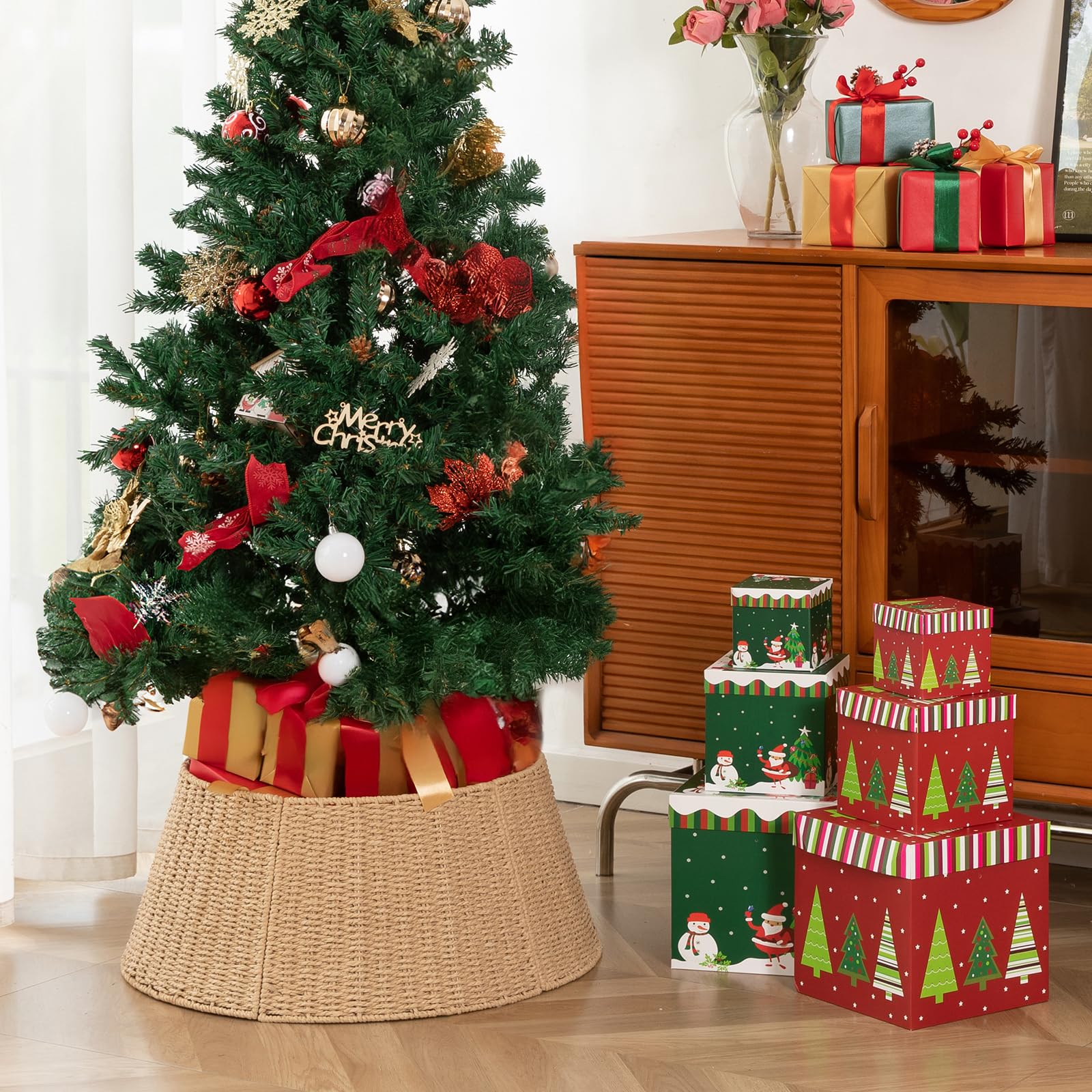 OIAHOMY Christmas Tree Collar, Wicker Holiday Tree Skirt & Stand Base Cover,Paper Rope Christmas Decor, Natural-24 inch