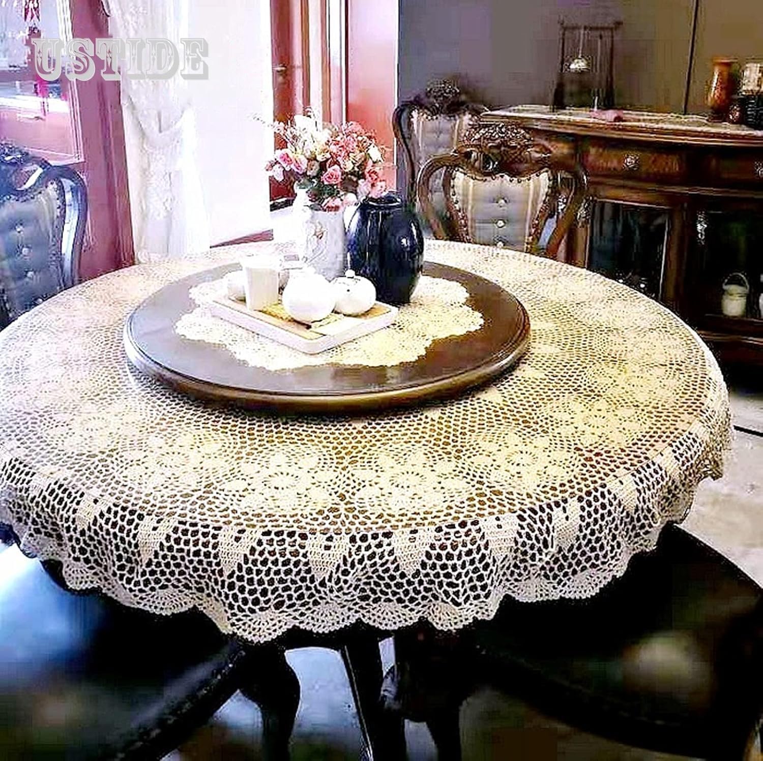 USTIDE Large Crochet Round Tablecloth Beige 90" Cotton Rustic Farmhouse Wedding Table Cloth Table Cover with Floral Lace Design, Handmade Decorative Overlay for Dining Room Kitchen
