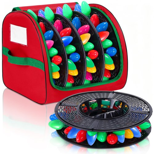 Christmas Light Storage Bag - Tear Proof 600D Oxford Fabric/Internal PVC Material with Reinforced Handles - With 4 Reels Stores up to 500 Ft Holiday Mini Christmas Tree Lights & Extension Cords,Red