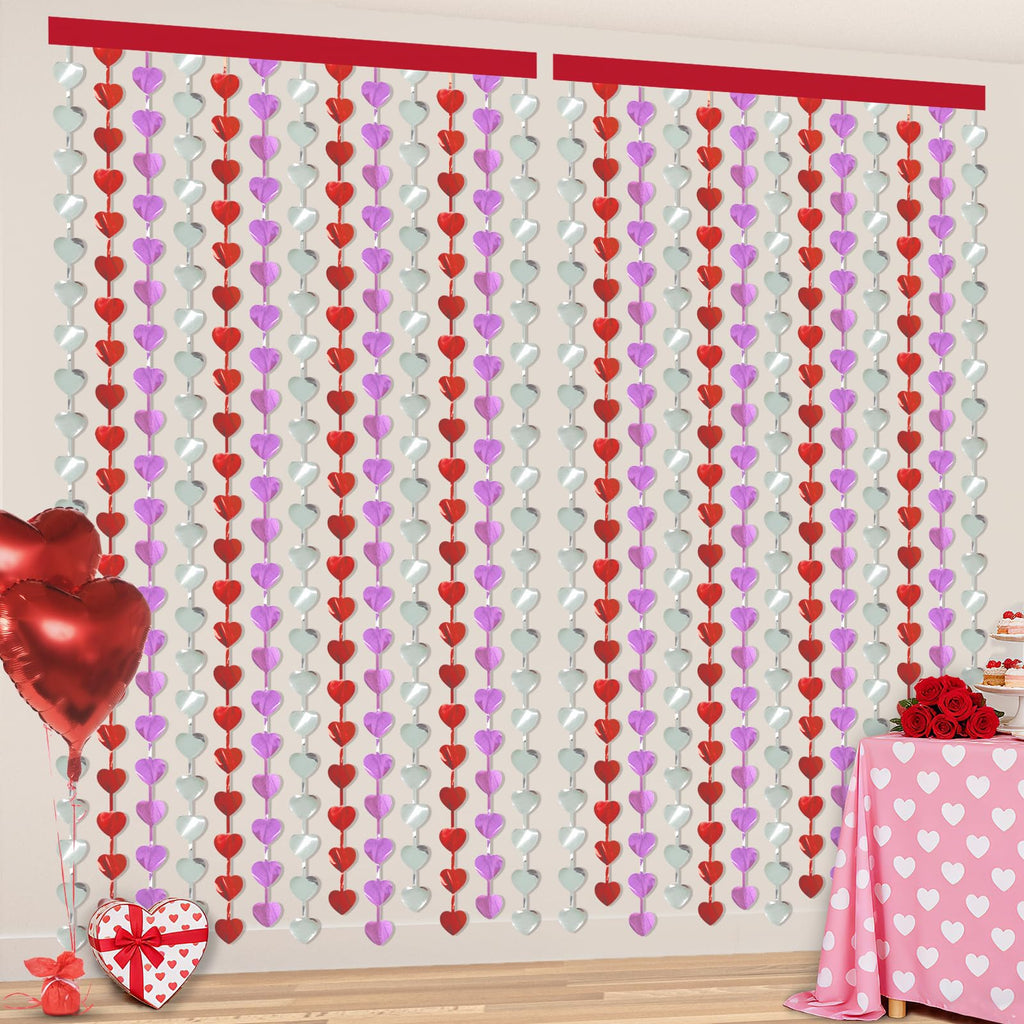 Valentines Decorations, 2 Pack Heart Foil Fringe Curtains 3.3x6.6ft, Red Purple Silver Tinsel Streamer Backdrop, Valentines Photo Backdrop for Party, Galentines, Birthday, Engagement