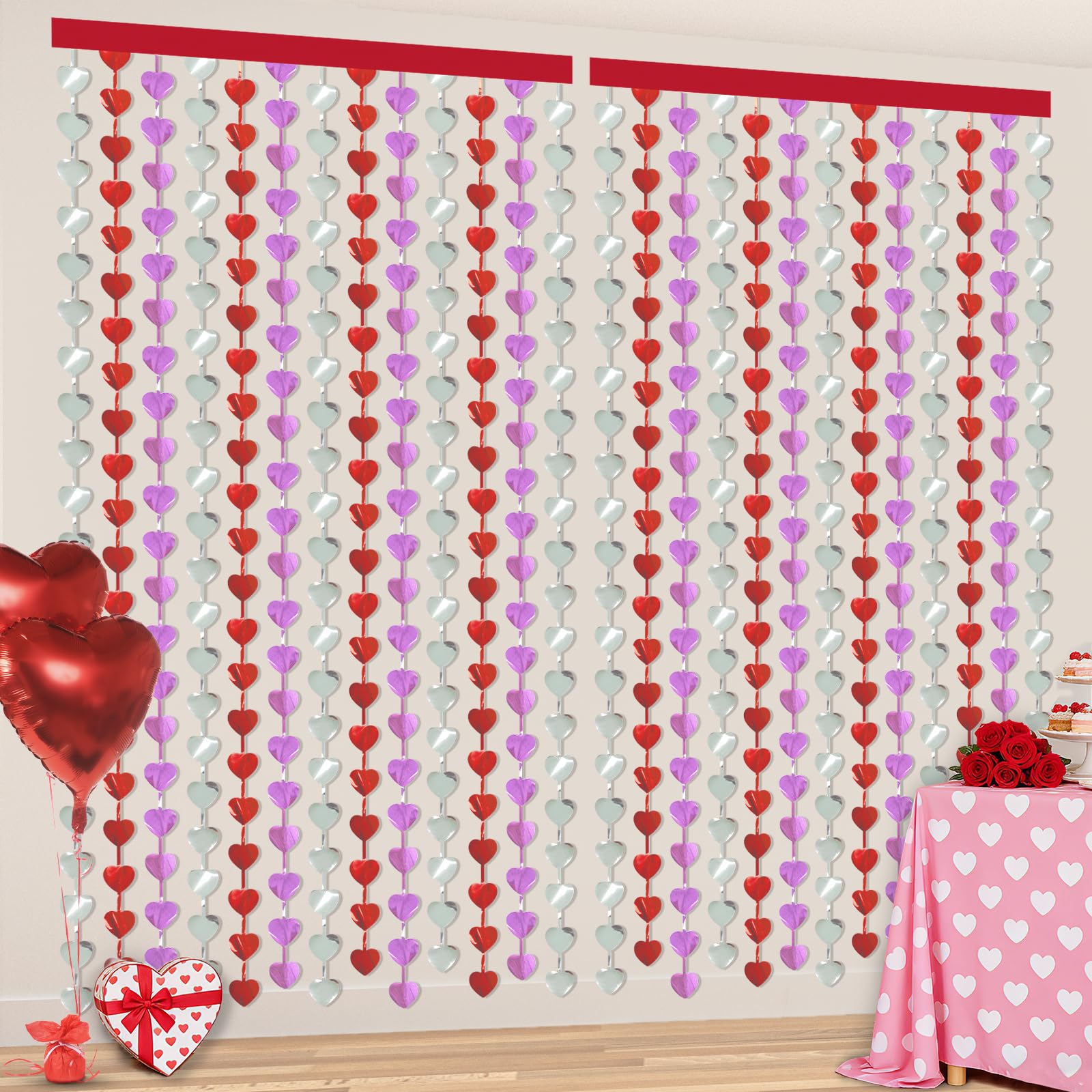 Valentines Decorations, 2 Pack Heart Foil Fringe Curtains 3.3x6.6ft, Red Purple Silver Tinsel Streamer Backdrop, Valentines Photo Backdrop for Party, Galentines, Birthday, Engagement