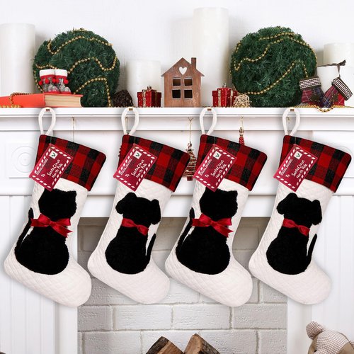 Dog Christmas Stocking Dual-Layer, 20 inch Dog Stocking Single, Pet Christmas Stockings with 3D Black Doggy, Large Animal Buffalo Red Plaid Xmas Stockings for Dogs Family Decorations