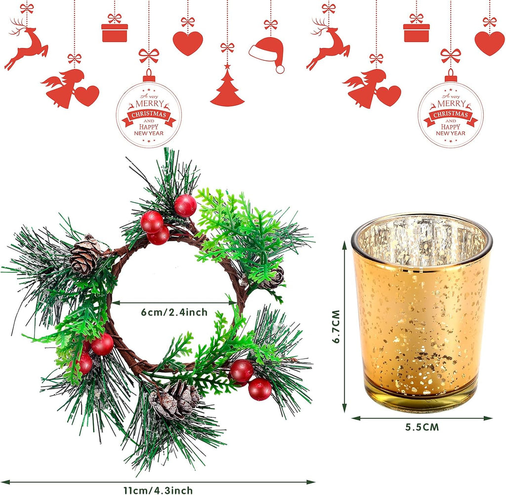 Skylety Christmas Votive Candle Holders - 4 Pack Glass Tealight Holders with Red Berry Wreaths for Holiday Decor