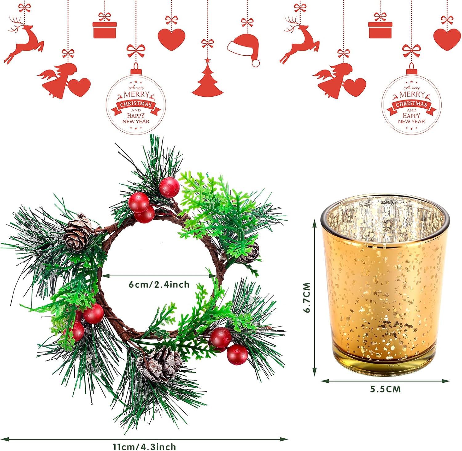 Skylety Christmas Votive Candle Holders - 4 Pack Glass Tealight Holders with Red Berry Wreaths for Holiday Decor