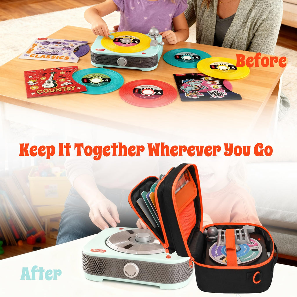 FURIMETY Records Toy Storage Bag Compatible with Fisher-Price Musical Toy Deluxe Rockin Record Player, Carrying Case with Accordion Album Pockets for kids record player, Black