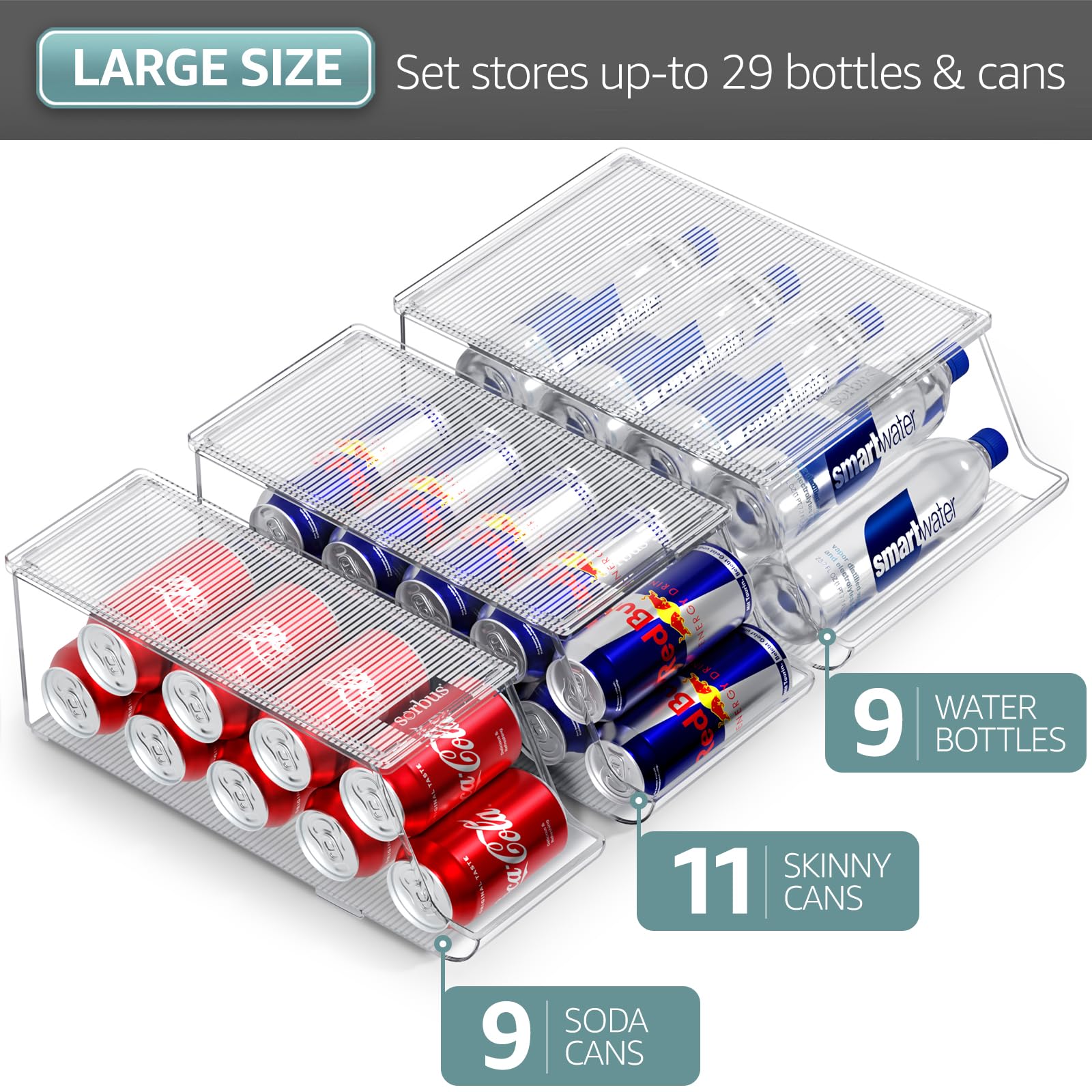 Sorbus Fridge & Pantry Can Organizer - 3 Size Dispenser for Standard, Skinny Cans & Water Bottles