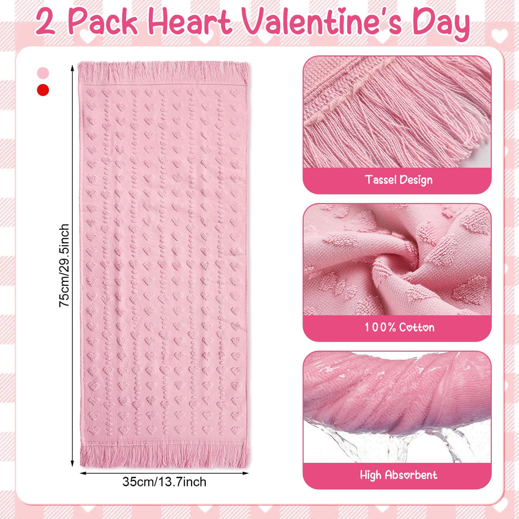 Peryiter 2 Pcs Valentine's Day 3D Heart Hand Towels with Tassel Valentines Decor 100% Cotton Red Pink Bathroom Towel Decorative Absorbent Bath Towel for Kitchen Drying Cleaning, 13.78 x 33.46 Inch