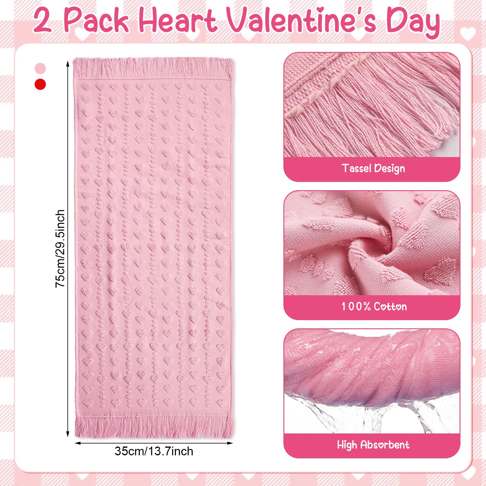 Peryiter 2 Pcs Valentine's Day 3D Heart Hand Towels with Tassel Valentines Decor 100% Cotton Red Pink Bathroom Towel Decorative Absorbent Bath Towel for Kitchen Drying Cleaning, 13.78 x 33.46 Inch