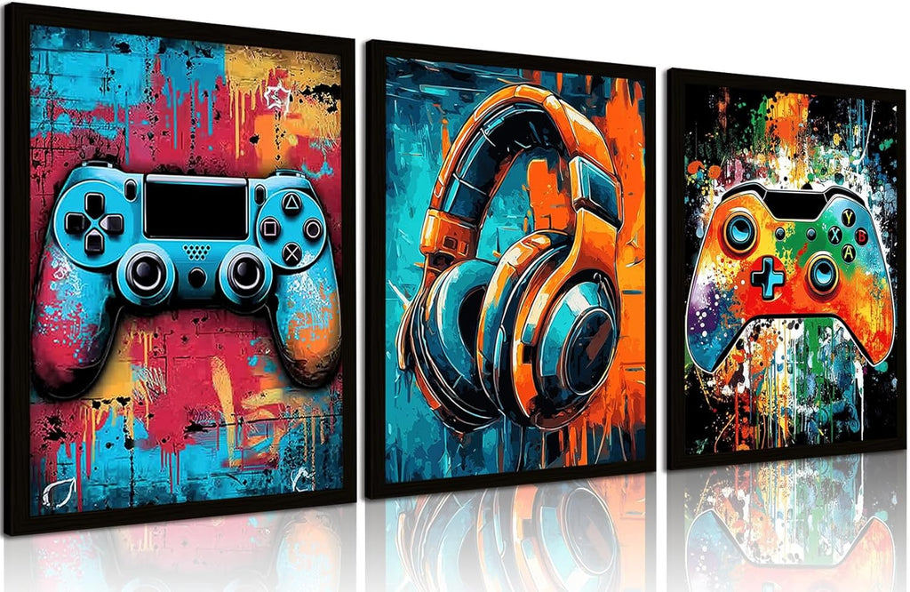 Skiennix Gaming Wall Art - Neon Watercolor Graffiti Gamepad Prints | 8x10 in, Set of 3 for Teen Boys