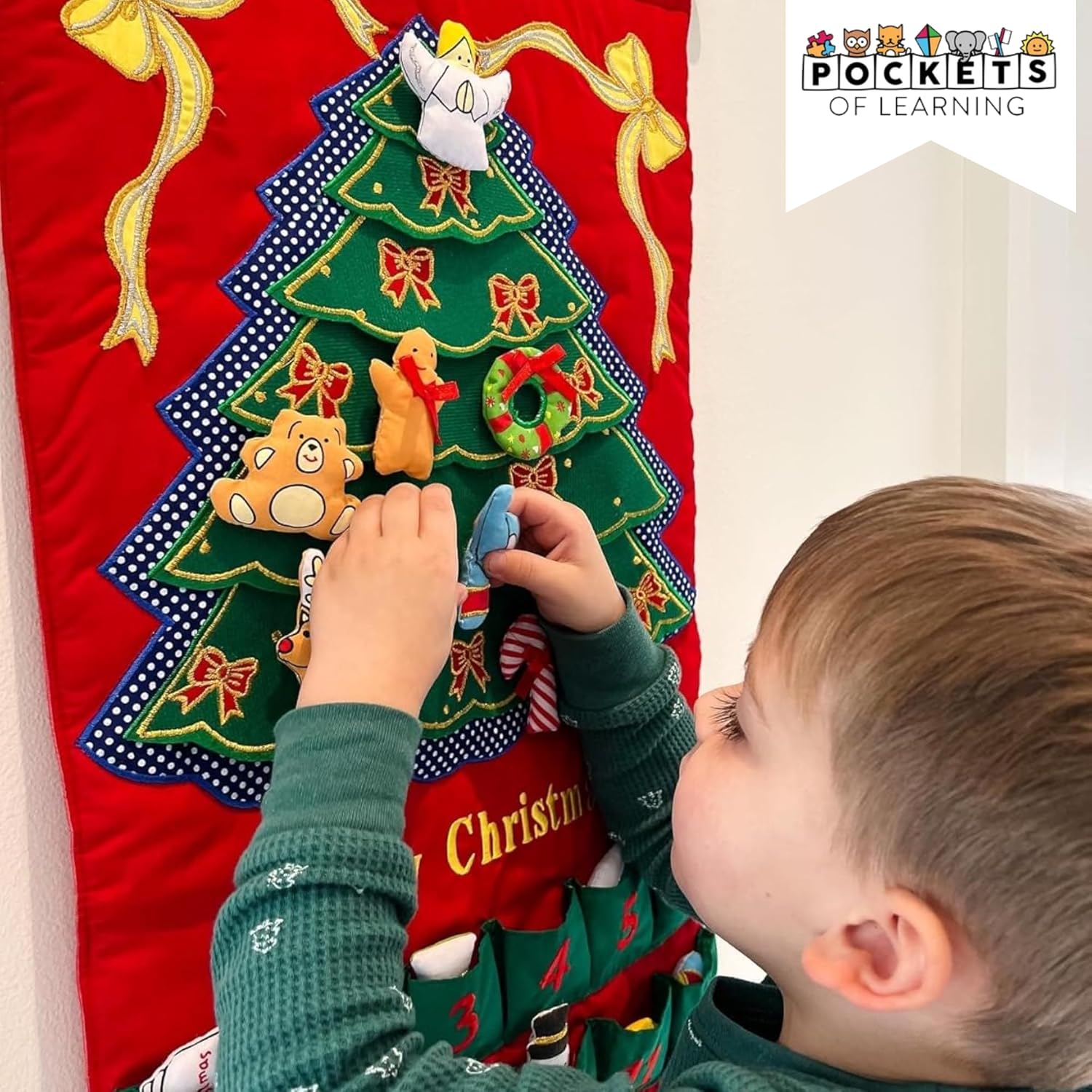 Pockets of Learning Merry Christmas Green Tree Advent Calendar - Festive Fabric Wall Hanging | 24 Stuffed Ornaments