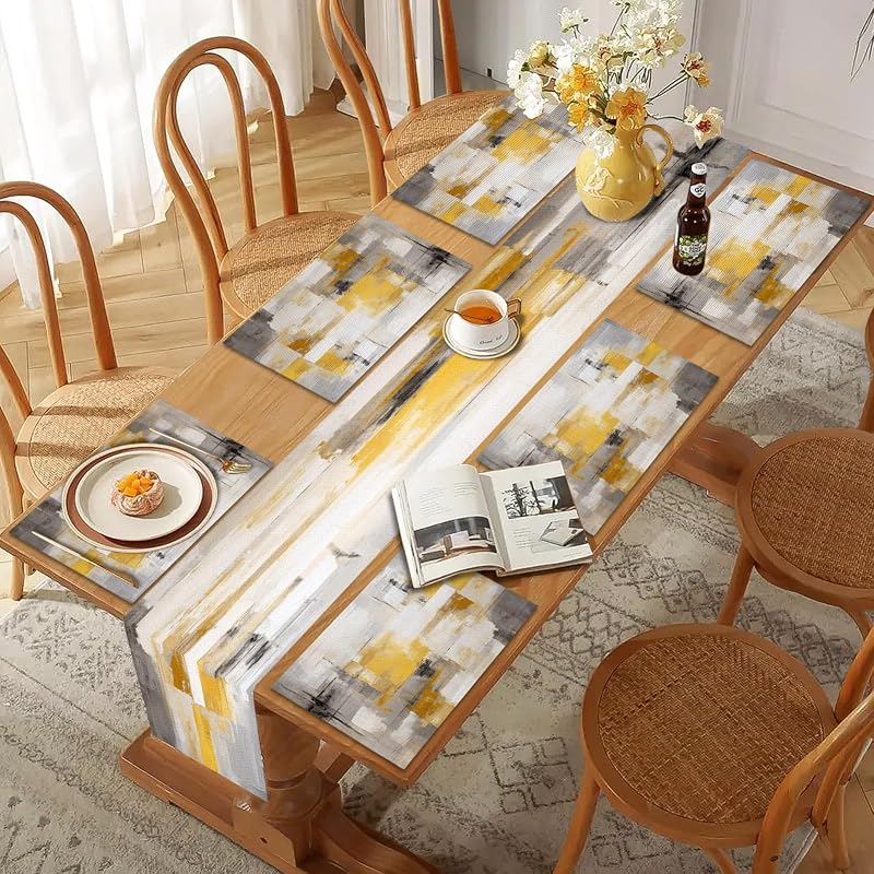 Table Runner & 6 Placemats Set - Yellow 70"X13" Runner + 18"X12" Placemats, Abstract Grey Linen