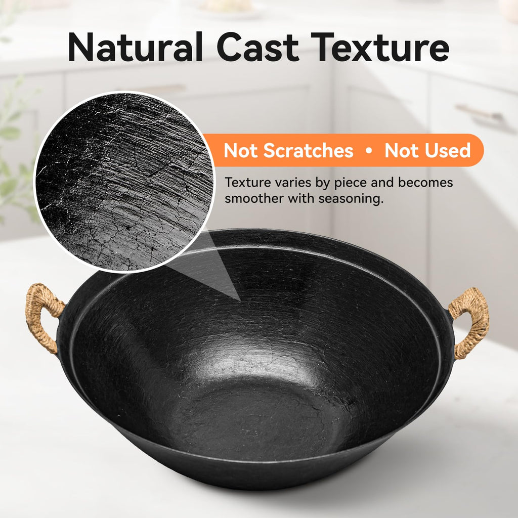 WANGYUANJI 13.4 Inch Cast Iron Wok with Wooden Lid and Iron Spatula, Flat Bottom Double-Handle Chinese Stir Fry Pan, Uncoated Cast Iron Wok for Induction, Gas and Electric Stoves