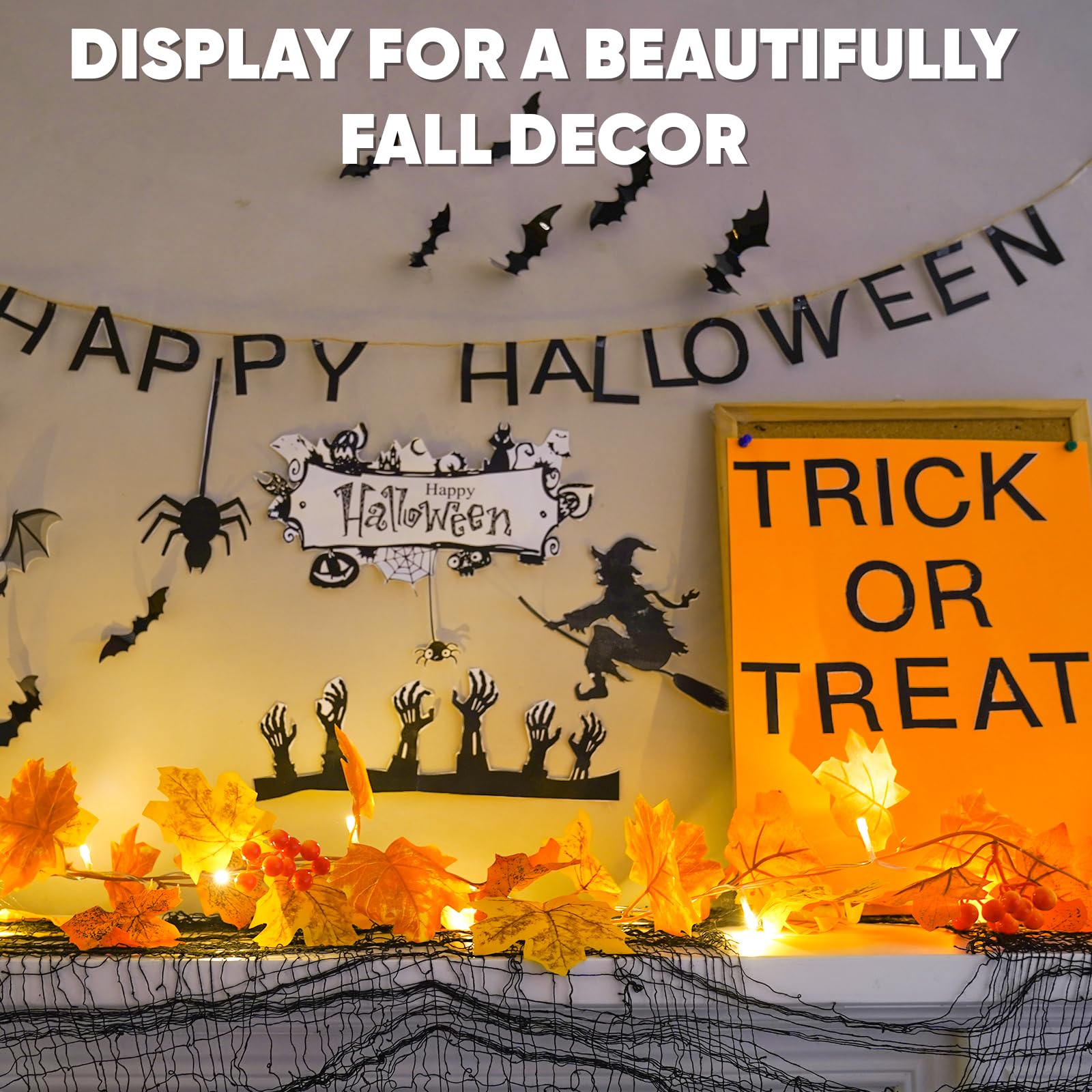 suddus Fall Leaves Garland with Lights, 20LED Battery Operated Fall Lights with Timer, Thanksgiving Decoration for Home, Table, Mantle, Office, Outdoor, Autumn, Halloween, Yellow