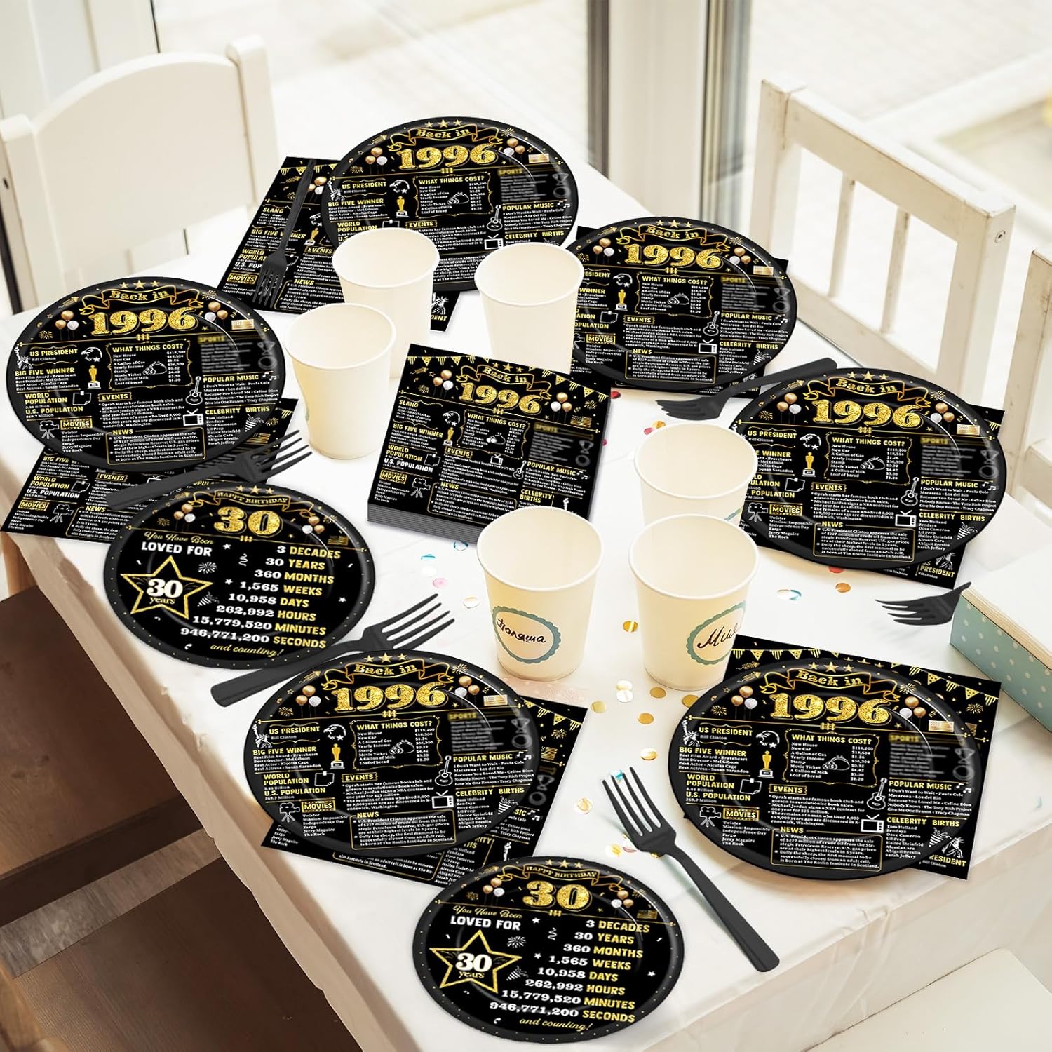 Regine Switzerland 30th Birthday Plates & Napkins - Black & Gold Party Decor for 24 Guests | 1996 Theme
