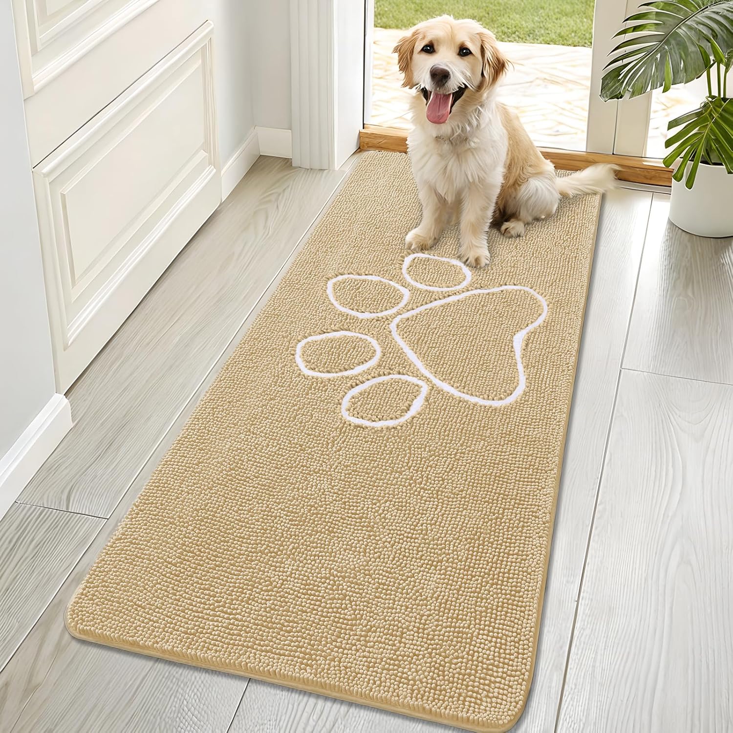 OLANLY Dog Door Mat - Absorbent Non-Slip Mud Mat for Dogs | 70x32 Paw Print Design in Beige