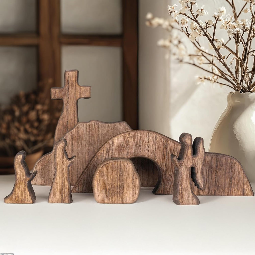 Nerosun Easter Scene Decoration - Wooden Jesus Resurrection Nativity Set | Christian Tabletop Decor