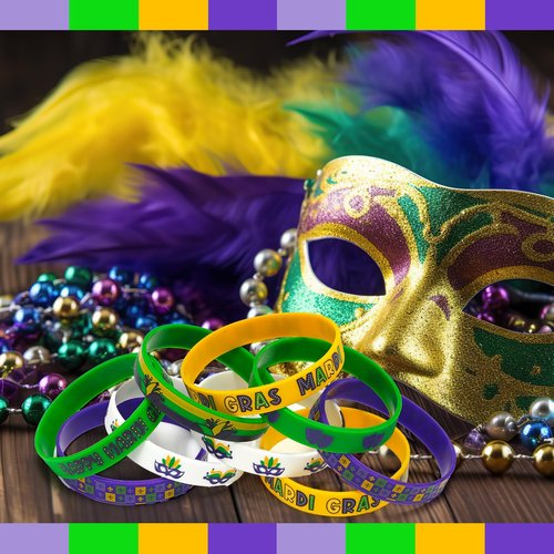 Lunmon 120 Pcs Mardi Gras Silicone Bracelets Bulk Mardi Gras Throw Happy Carnival Bracelets Clown Circus Carnival Rubber Wristbands for Party Birthday Supplies Gifts