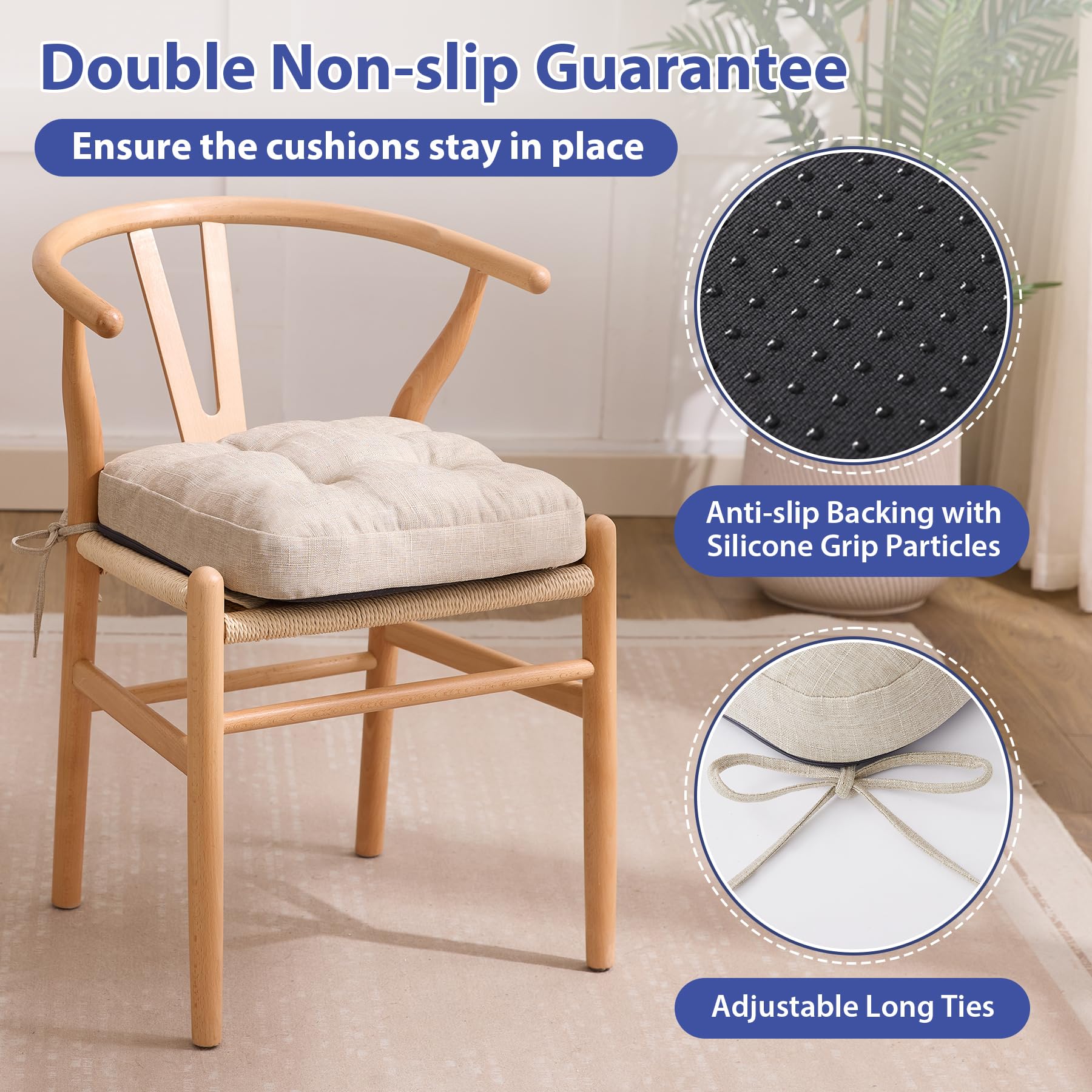 IASEAHK Chair Cushions, Memory Foam Dining Chair Cushions, Tufted Indoor Chair Pads, Set of 4, 16.5' x 16.5' x 3.5', Beige