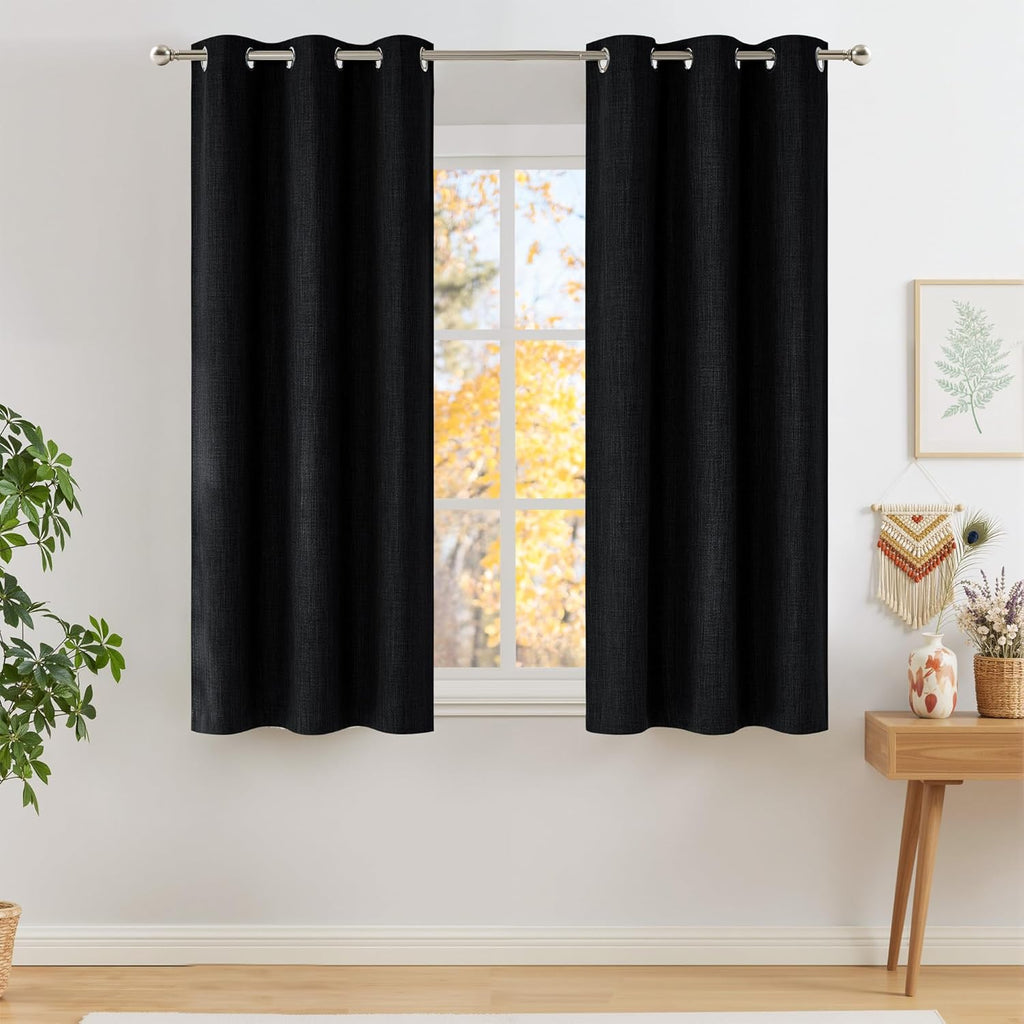NICETOWN Black Faux Linen Blackout Curtains - 63 Inch Privacy Panels for Living Room & Kitchen, 2 Panels
