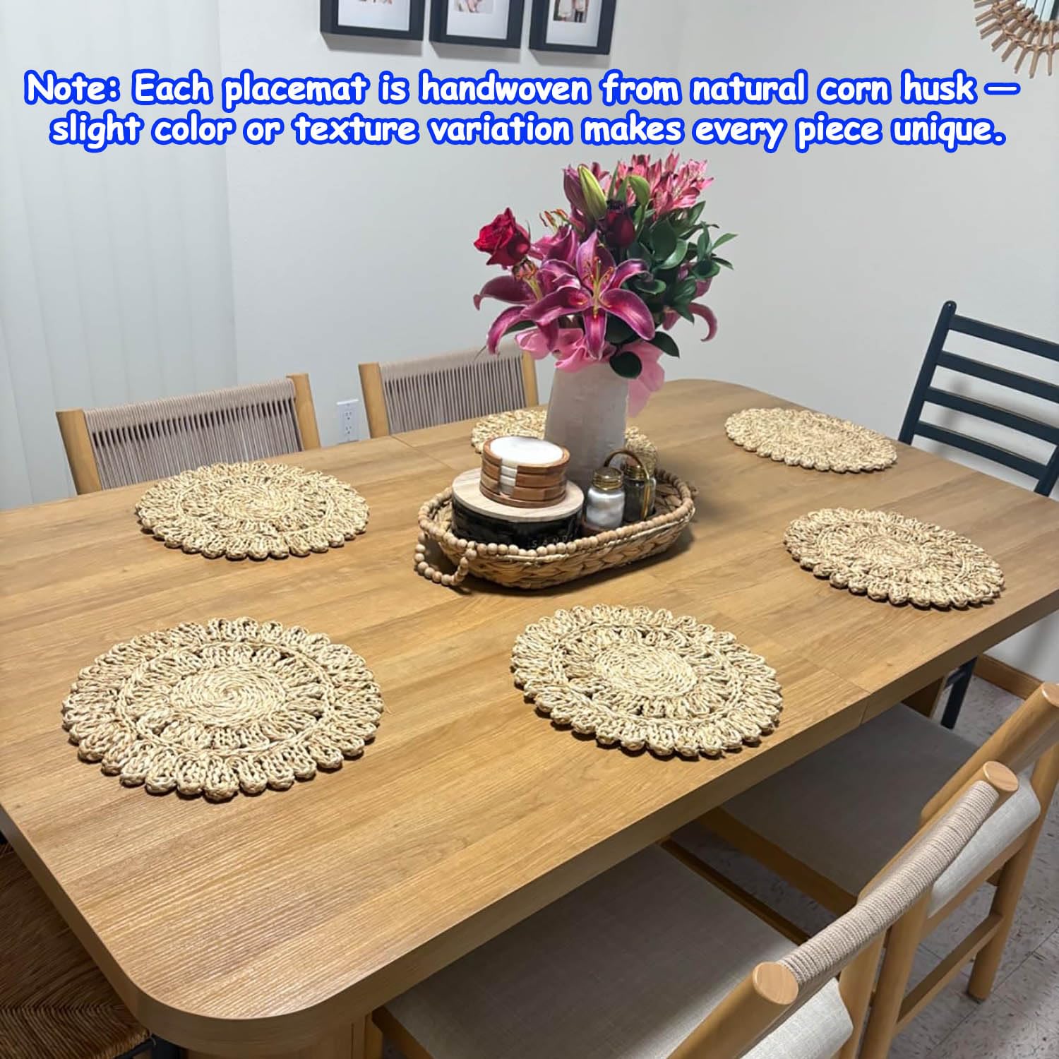 DELAQIKO 13.8" Round Corn Husk Placemats | Boho Woven Rattan Table Mats | Natural Spring Farmhouse Plate Chargers | Handmade Rustic Wicker Place Mats for Christmas Wedding (Set of 6)