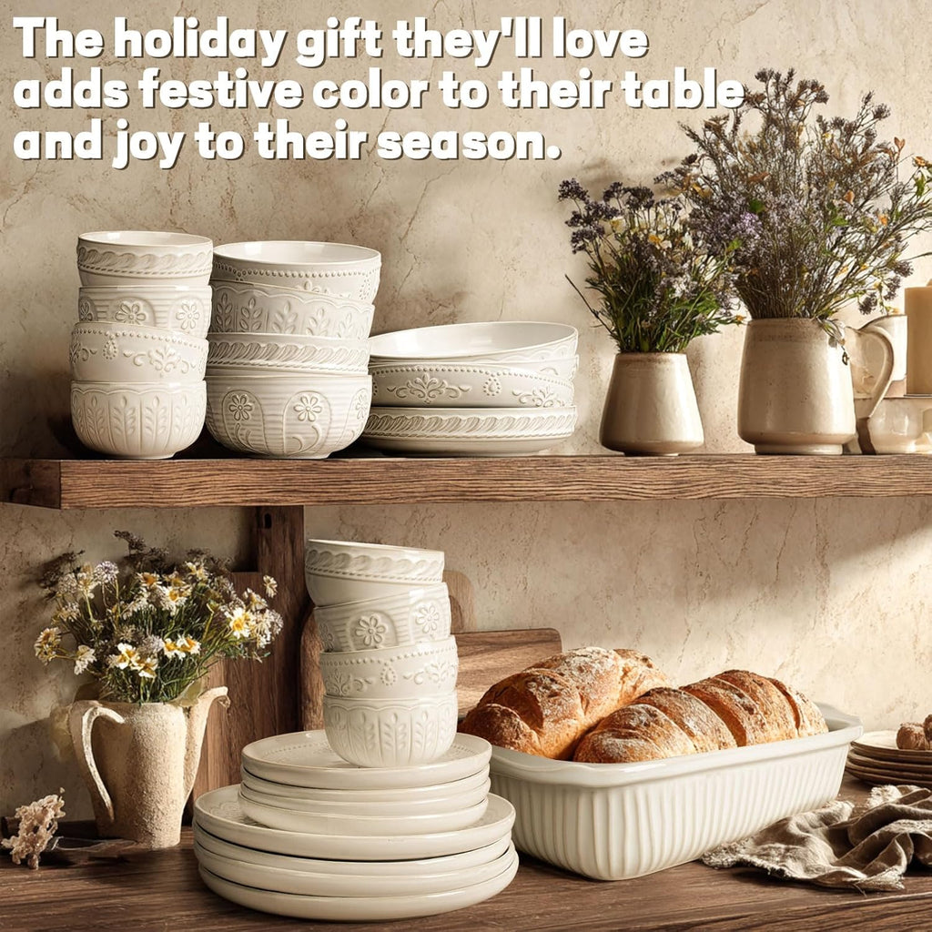 Artena Ceramic Dessert Bowls Set of 4 - 12 oz Embossed White Bowls for Ice Cream, Cereal & More | 4.5 Inch, Microwave & Dishwasher Safe