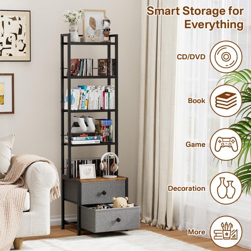Epouseter CD Storage Rack with Drawer, 5-Tier DVD Organizer Shelf w/Adjustable Book Stoppers, Media Storage Rack for CD/DVD, Books & Games, Ideal for Living Room & Home Office – 15.7x11.8x56.5Inches