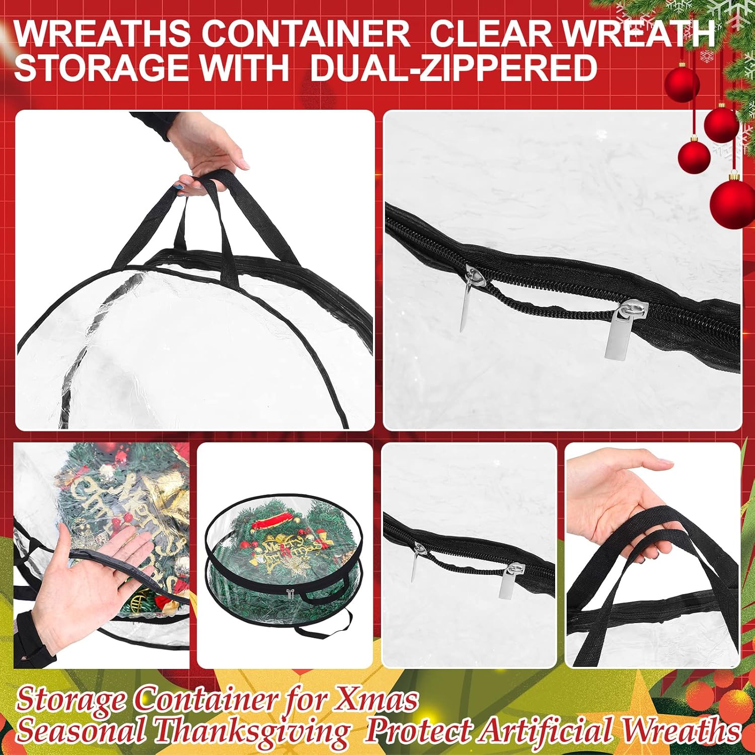 Zhengmy Wreath Storage Bags - 4 Pack Clear Christmas Wreath Containers with Handles & Dual Zippers | Black