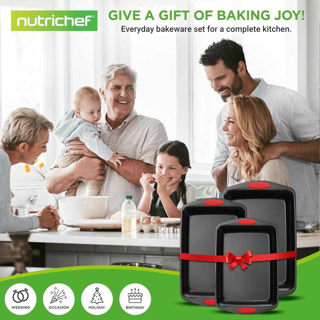 NutriChef 3-Piece Baking Pan Set | Premium Nonstick Carbon Steel Bakeware with Silicone Handles - Black