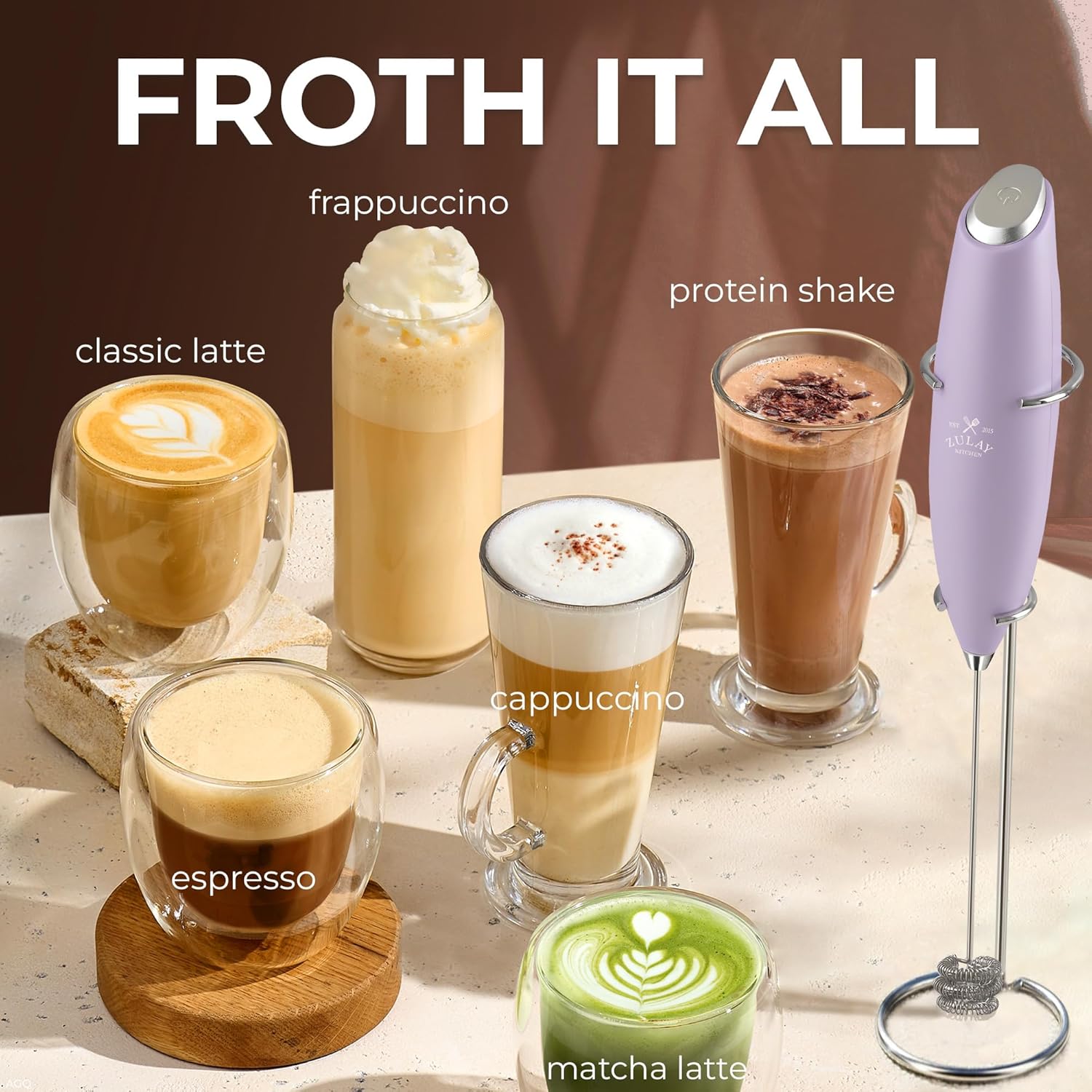 Zulay Kitchen Tornado Triple Whisk Milk Frother - Handheld Foam Maker for Coffee & Lattes - Lilac