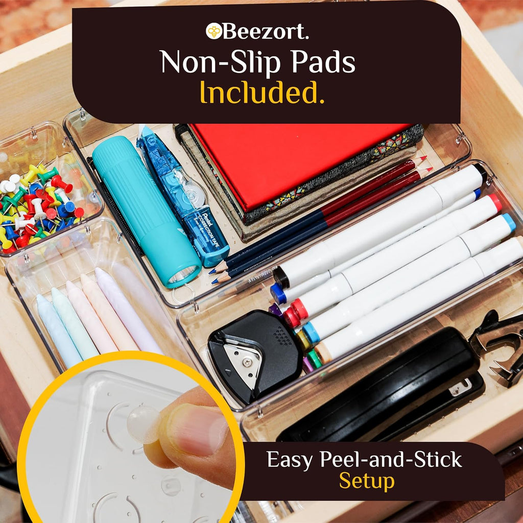Skiennix 40 PCS Clear Drawer Organizer Set - BPA-Free PET Plastic Trays with Non-Slip Pads | Versatile Storage for Kitchen, Bathroom, and Office