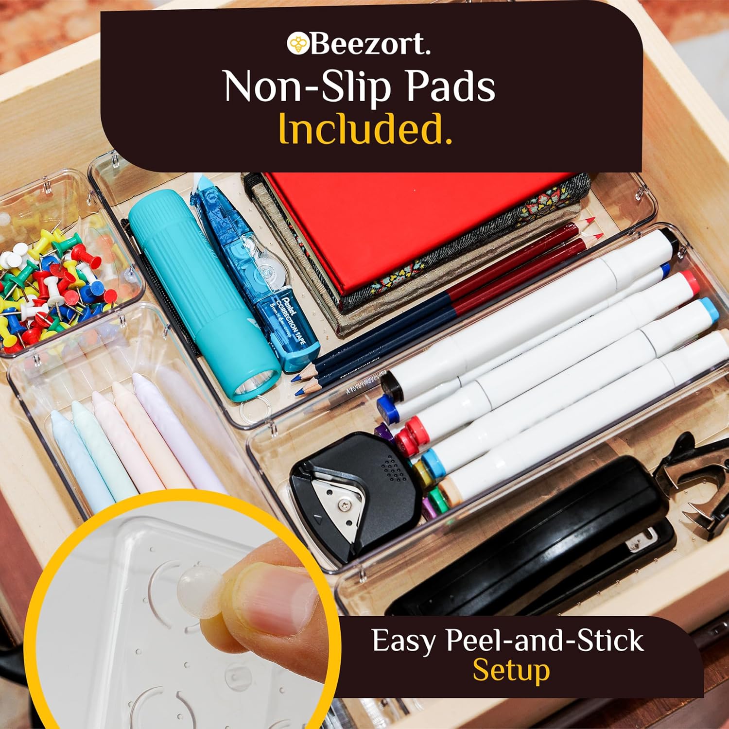 Skiennix 40 PCS Clear Drawer Organizer Set - BPA-Free PET Plastic Trays with Non-Slip Pads | Versatile Storage for Kitchen, Bathroom, and Office