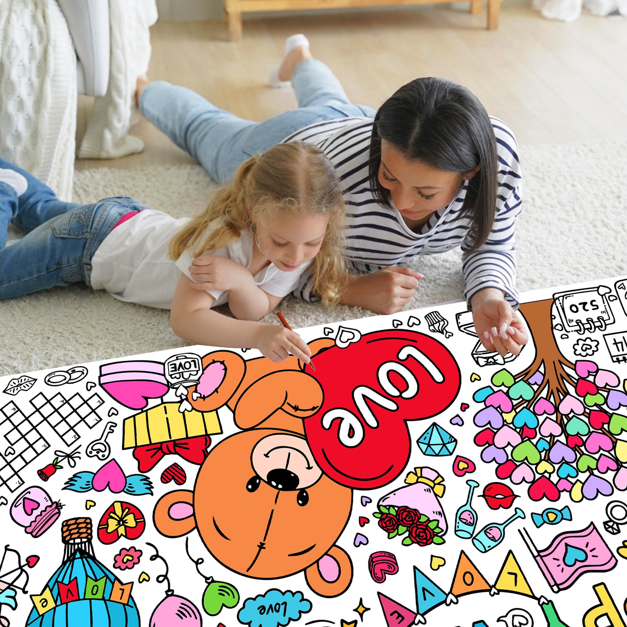 EUVBOKW Giant Valentine's Day Coloring Tablecloth, Large Happy Valentine Coloring Poster for Home Birthday Party Supplies, 30x72 Inches