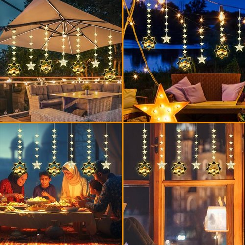 Vigdur Ramadan Star Curtain Lights, 120 LEDs Eid Mubark Castle Curtain Fairy Lights with Remote & 8 Lighting Modes, Ramadan Decoration Lights for Home Holiday Eid Decorations(10FT)