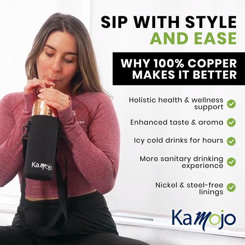 Kamojo Copper Water Bottle for Drinking - Hammered 100% Pure Copper Tumbler Cup with Leak Proof Lid, Removable Insulating Sleeve & Straw - Handcrafted Ayurvedic Cup for Water 32 fl oz