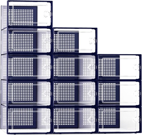 Kuject X-Large Shoe Storage Boxes - Clear Stackable Organizers, 12 Pack for Sneakers & Toys | Blue