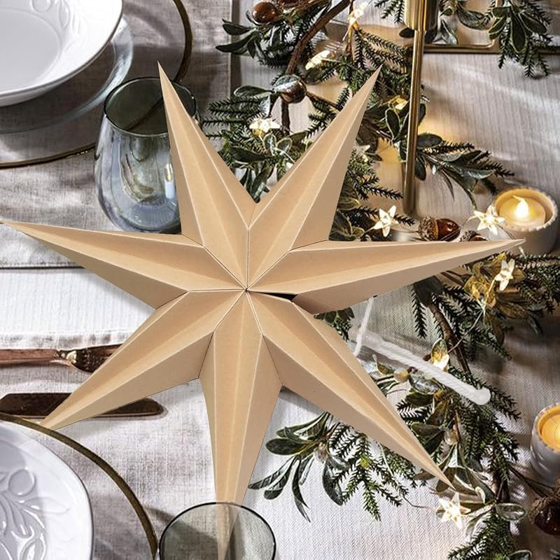 Christmas 12in 7-Pointed Natural Paper Star Hanging Decoration Set - 3 Warm Holiday Ornaments (Variation: Hot Brown Stars)