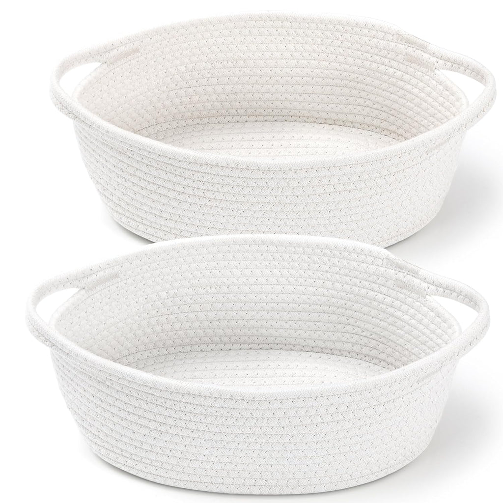 Skiennix 2-Pack Small Woven Baskets - Decorative Cotton Rope Storage Bins with Handles | 12"x8"x5", White