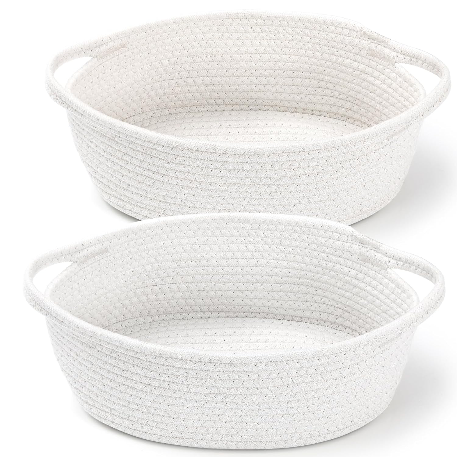 Skiennix 2-Pack Small Woven Baskets - Decorative Cotton Rope Storage Bins with Handles | 12"x8"x5", White