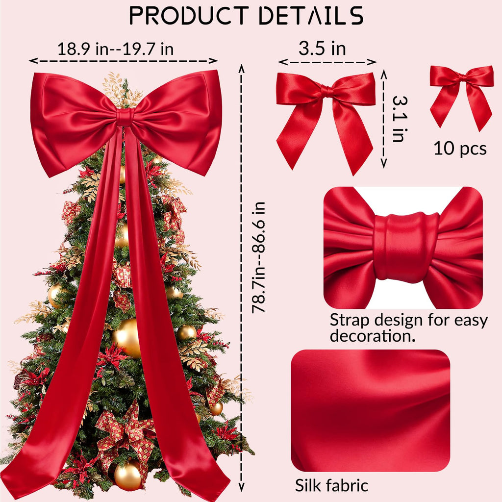 Christmas Decorations - 6.5 Ft Giant Christmas Bows for Tree Decor, Large Satin Coquette Decorative Bows for Tree Topper Wall Wedding Birthday Home Room Party Valentines (red)