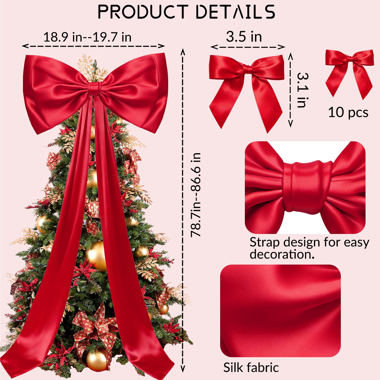 Christmas Decorations - 6.5 Ft Giant Christmas Bows for Tree Decor, Large Satin Coquette Decorative Bows for Tree Topper Wall Wedding Birthday Home Room Party Valentines (red)